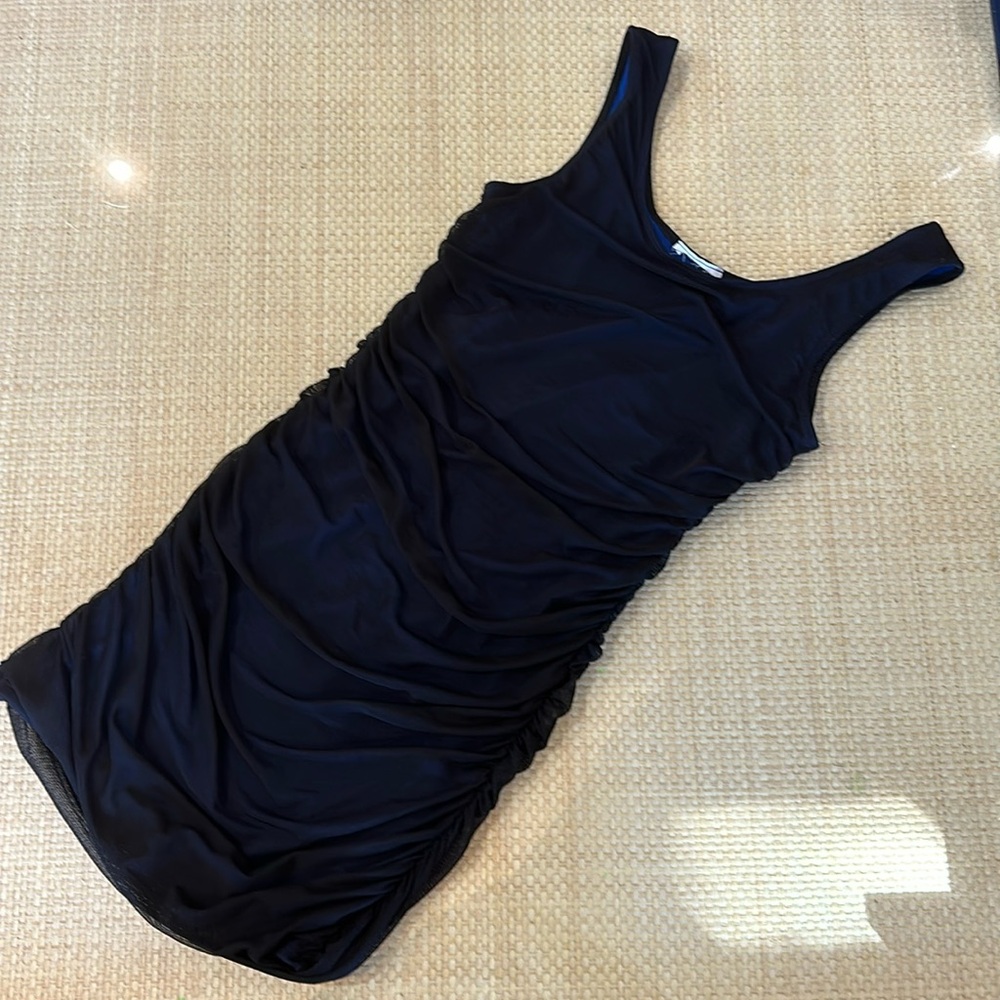 Katie J ruched dress with black mesh exterior and royal blue lining